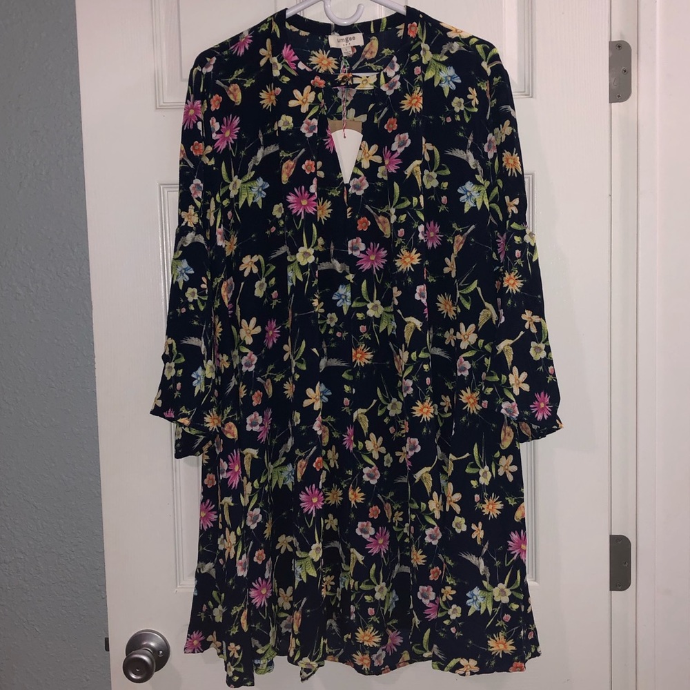 Bell Sleeve Keyhole Umgee Dress- Navy Blue &Floral